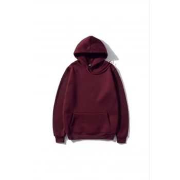 Kadın 3 İplik Pamuklu Kapüşonlu Kanguru Cepli Düz Hoodie Sweatshirt - Bordo