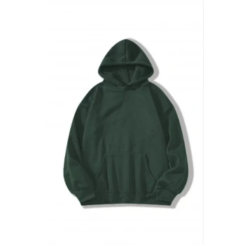 Kadın 3 İplik Pamuklu Kapüşonlu Kanguru Cepli Düz Hoodie Sweatshirt - Haki