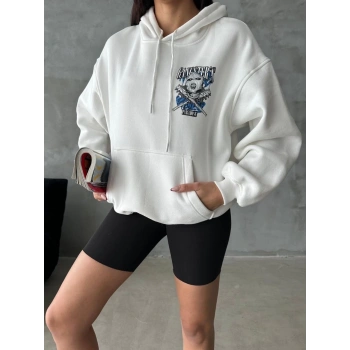 3 iplik şardonlu oversize kafa baskılı sweat beyaz