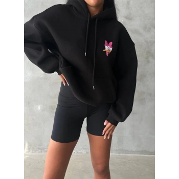 3 iplik şardonlu oversize compact ördek baskılı sweat siyah