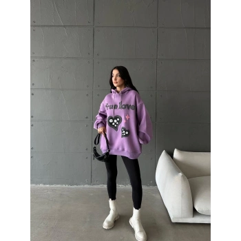 3 iplik şardonlu oversize true baskılı sweat mor