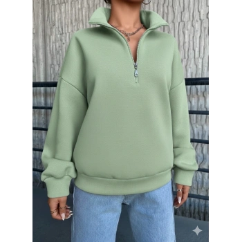 3 iplik Şardonlu yarım fermuarlı sweatshirt mint