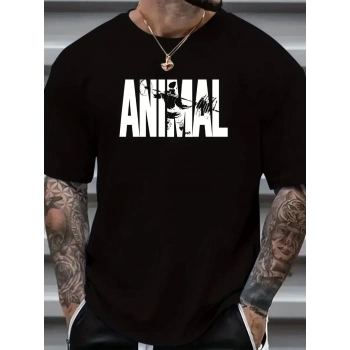 ANIMAL Desen Baskı Erkek Oversive Tişört, Grafik Tişört Erkek Yazlık Outdoor Kıyafetleri, Sporda ve Günlük Giyime Uygun  - Siyah