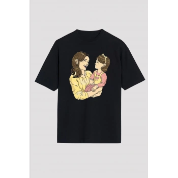 Anneler Günü Hediye Anne Kız Temalı Baskılı Oversize Bisiklet Yaka T-shirt - Siyah