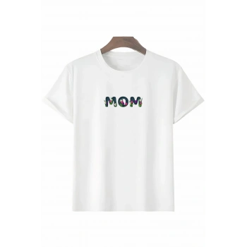 Anneler Günü Hediye Mom Çiçek Baskılı Oversize Bisiklet Yaka T-shirt - Beyaz