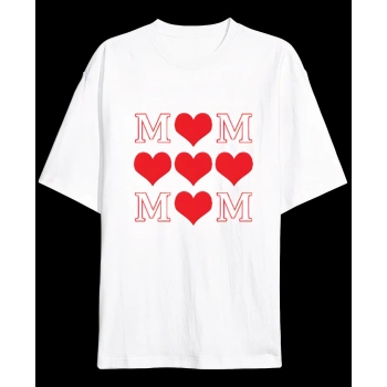 Anneler Günü Hediye MOM Kalp Baskılı Oversize Bisiklet Yaka T-shirt - Beyaz