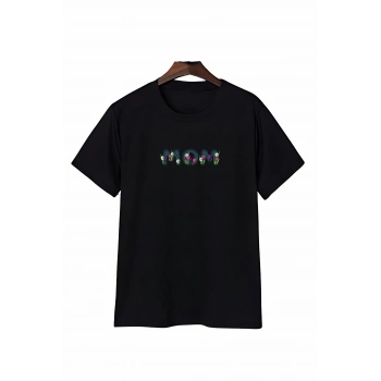 Anneler Günü Mom Çiçek Temalı Baskılı Oversize Bisiklet Yaka T-shirt - Siyah