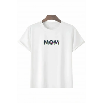 Anneler Gününe Özel Tasarım mom Çiçek Baskılı T-shirt - Beyaz