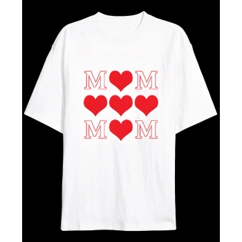 Anneler Gününe Özel Tasarım MOM Kalp Baskılı T-shirt - Beyaz