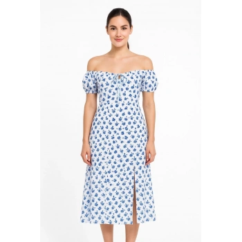 Bardot Omuzu Acık Çiçek Desenli Elbise - Desenli