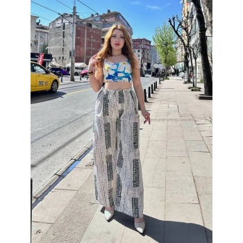 Baskılı Bağcıklı keten pantolon krem