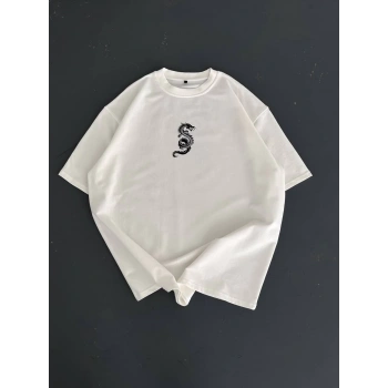 Baskılı Oversize Bisiklet Yaka T-shirt - Beyaz