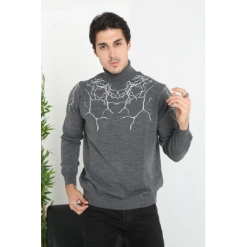 Erkek Yarım Bağazlı Kazak Baskılı Dokuma Triko - Antrasit