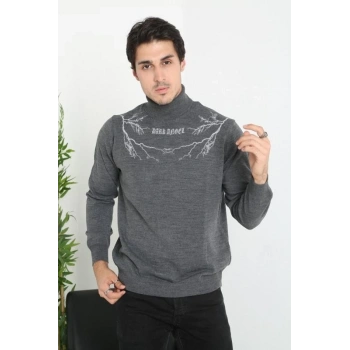 Erkek Yarım Bağazlı Kazak Baskılı Dokuma Triko - Antrasit