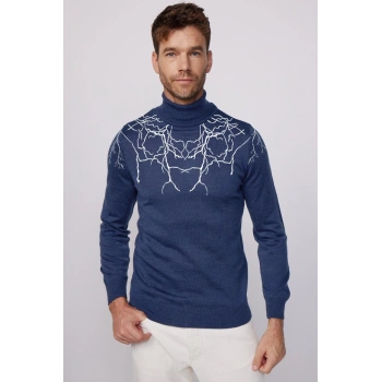 Erkek Yarım Bağazlı Kazak Baskılı Dokuma Triko - ndigo