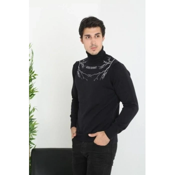 Erkek Baskılı Tam Boğazlı Uzun Kol Dokuma Triko - Siyah