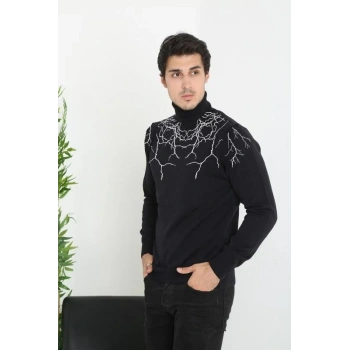 Erkek Baskılı Tam Boğazlı Uzun Kol Dokuma Triko - Siyah