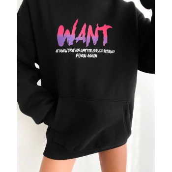 Baskılı Üç İplik Kapüşonlu Oversize Sweatshirt - Siyah