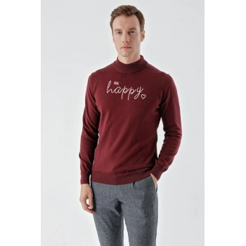 Erkek Yarım Bağazlı Kazak Baskılı Dokuma Triko - Bordo