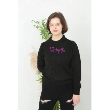 Kadın Bisiklet Yaka Kazak Baskılı Dokuma Triko - Siyah