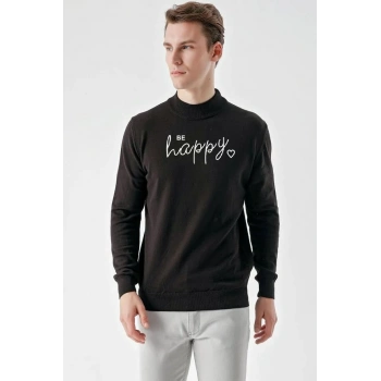 Erkek Yarım Bağazlı Kazak Baskılı Dokuma Triko - Siyah