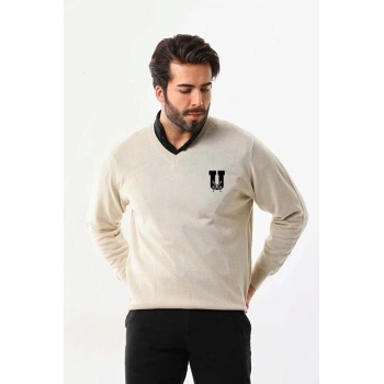 Baskılı V Yaka Uzun Kol Dokuma Triko - Bej