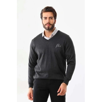 Baskılı V Yaka Uzun Kol Dokuma Triko - Füme