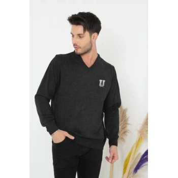 Baskılı V Yaka Uzun Kol Dokuma Triko - Füme