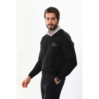 Erkek V Yaka Kazak Baskılı Dokuma Triko - Siyah