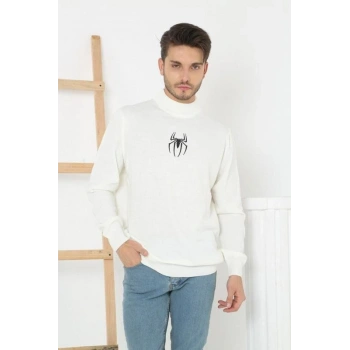 Erkek Yarım Bağazlı Kazak Baskılı Dokuma Triko - Beyaz