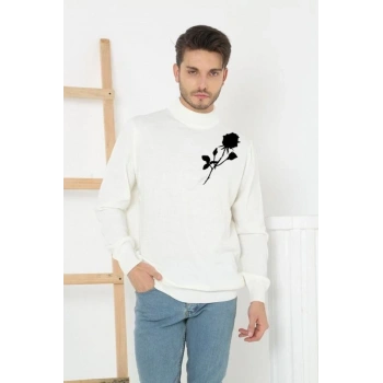 Erkek Yarım Bağazlı Kazak Baskılı Dokuma Triko - Beyaz