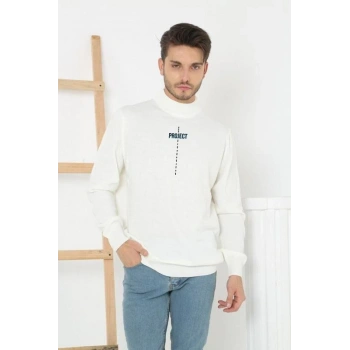 Erkek Yarım Bağazlı Kazak Baskılı Dokuma Triko - Beyaz