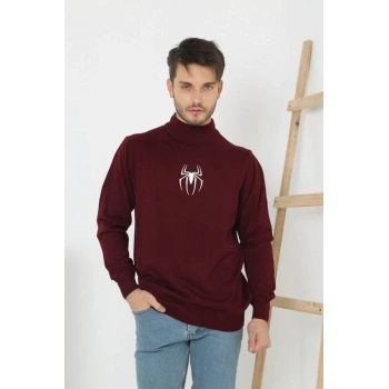 Erkek Yarım Bağazlı Kazak Baskılı Dokuma Triko - Bordo