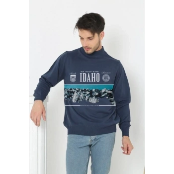 Erkek Yarım Bağazlı Kazak Baskılı Dokuma Triko - Indigo