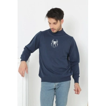 Erkek Yarım Bağazlı Kazak Baskılı Dokuma Triko - Indigo