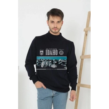 Erkek Yarım Bağazlı Kazak Baskılı Dokuma Triko - Siyah