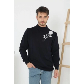 Erkek Yarım Bağazlı Kazak Baskılı Dokuma Triko - Siyah