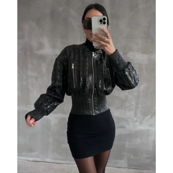 Beli büzgülü crop deri ceket siyah