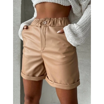 Beli lastikli duble paça deri şort bej w24755