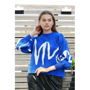 Beyaz çizgili bisiklet yaka kazak saksmavisi