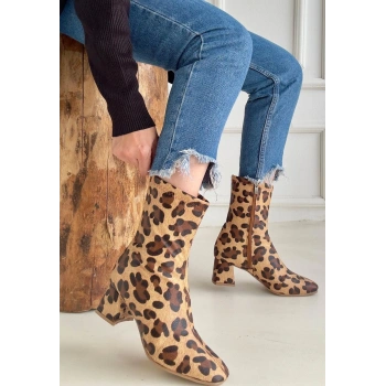 Birta Leopar Cilt Streç Topuklu Bot