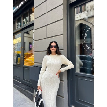 Bisiklet Yaka Fitilli Uzun Elbise - Beyaz