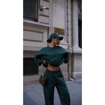 Bisiklet Yaka Nakış İşlemeli Üç İplik Sweat Takım - Yeşil