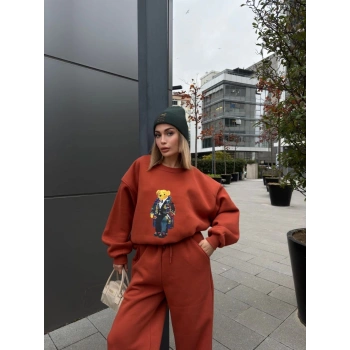 Bisiklet Yaka Üç İplik Sweat Takım - kiremit