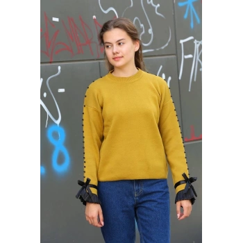 Boncuklu bile detaylı kazak hardal