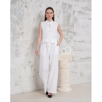 Broşlu yelek pantolon takım beyaz s255821
