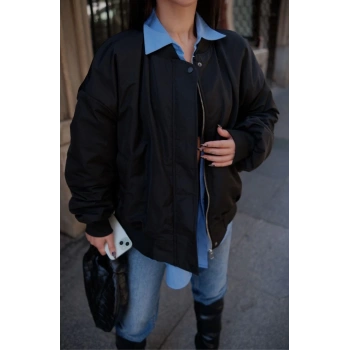 Cepli Bomber Ceket Mont - Siyah