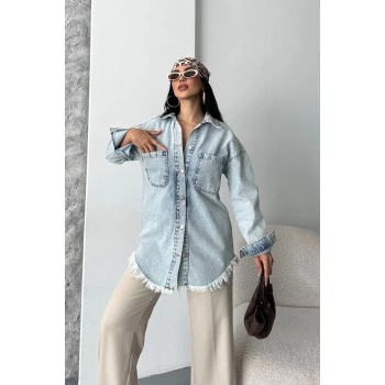 Cepli püsküllü kar yıkama kot ceket mavi d2515