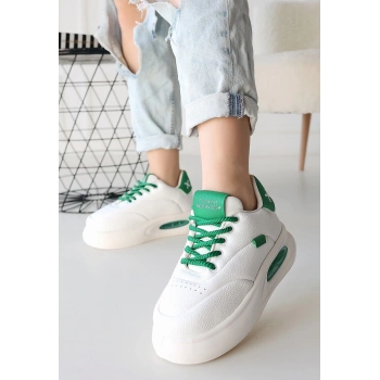 Chris Beyaz Cilt Yeşil Detaylı Bağcıklı Spor Ayakkabı