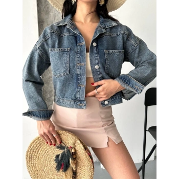 Çift cepli kol katlamalı kar yıkama crop kot ceket kahve tint d2000